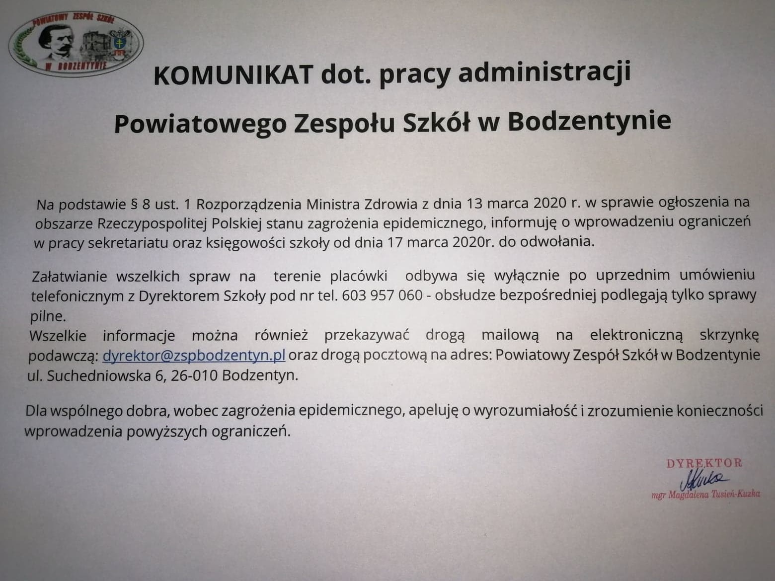 komunikat powiatowy Zespół Szkół w Bodzentynie