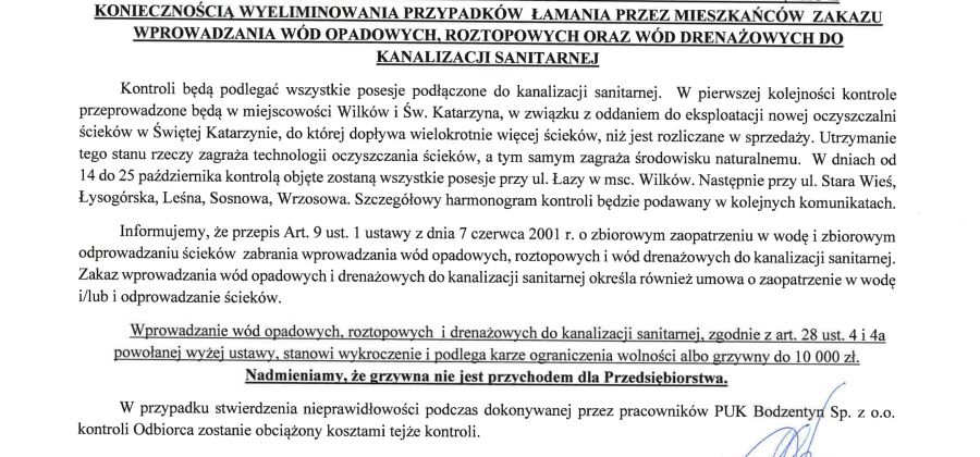 Przedsiębiorstwo Usług Komunalnych w Bodzentynie skontroluje posesje podłączone do kanalizacji