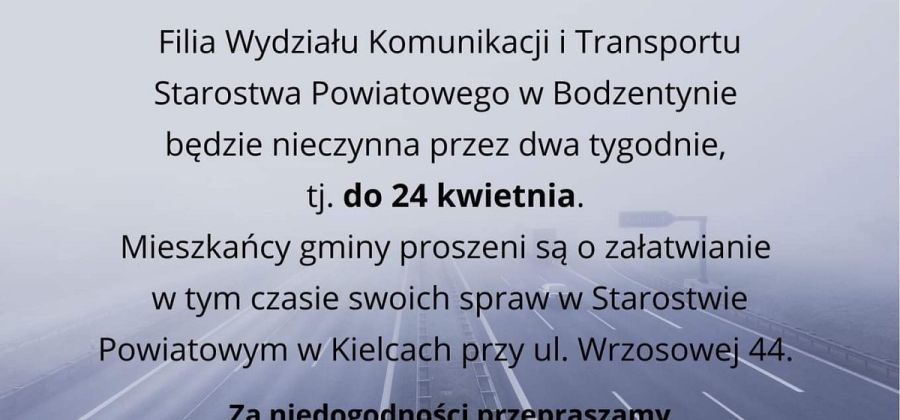 Wydział Komunikacji i Transportu w Bodzentynie nieczynny do 24 kwietnia