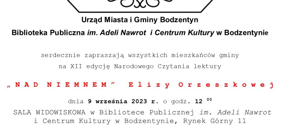 Narodowe Czytanie "Nad Niemnem" w Bodzentynie - zaproszenie