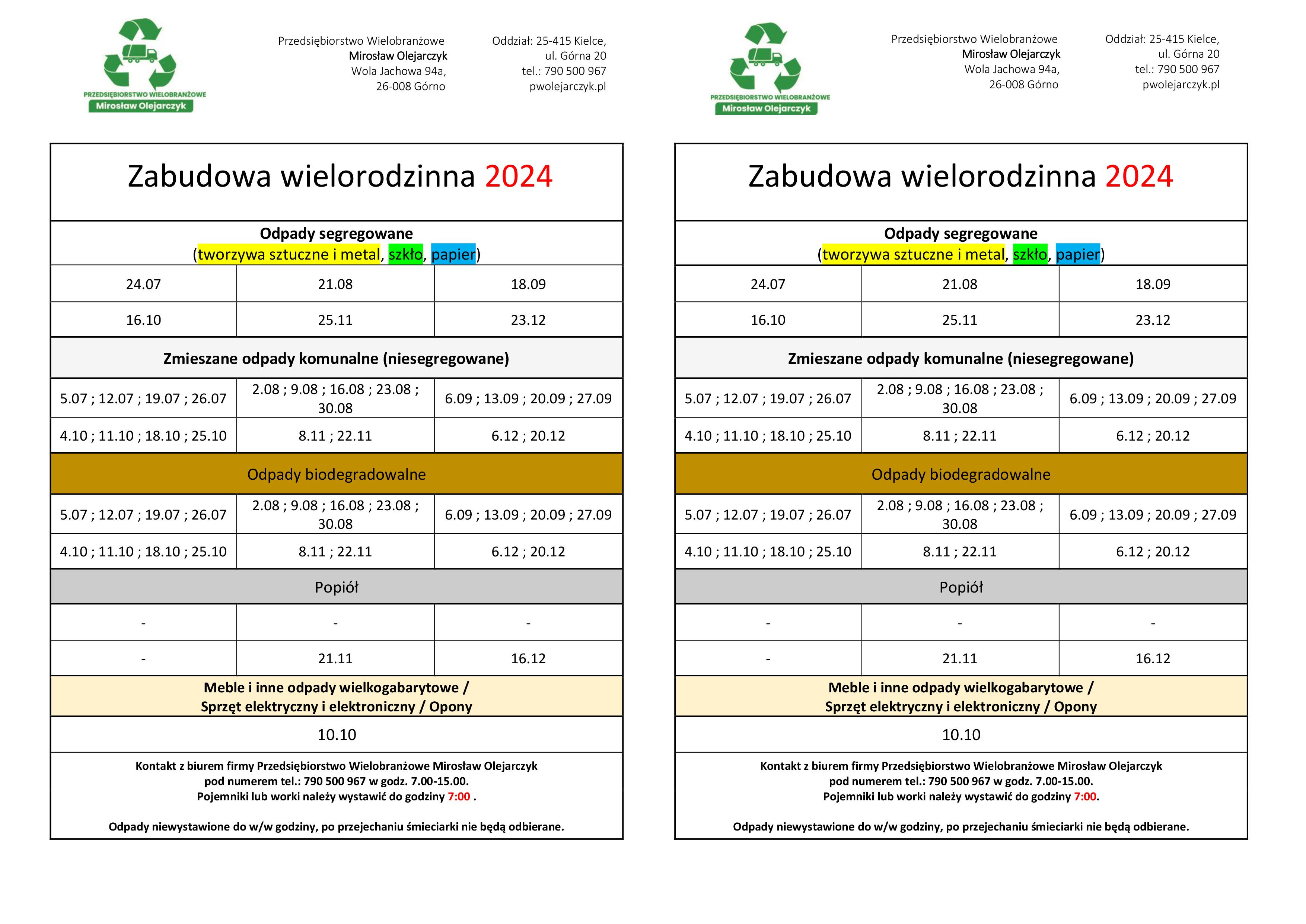 harmonogram wywozu śmieci Bodzentyn zabudowa wielorodzinna 2024  