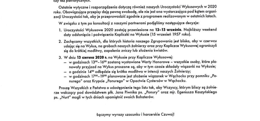 Zmiana terminu Uroczystości Wykusowych 2020