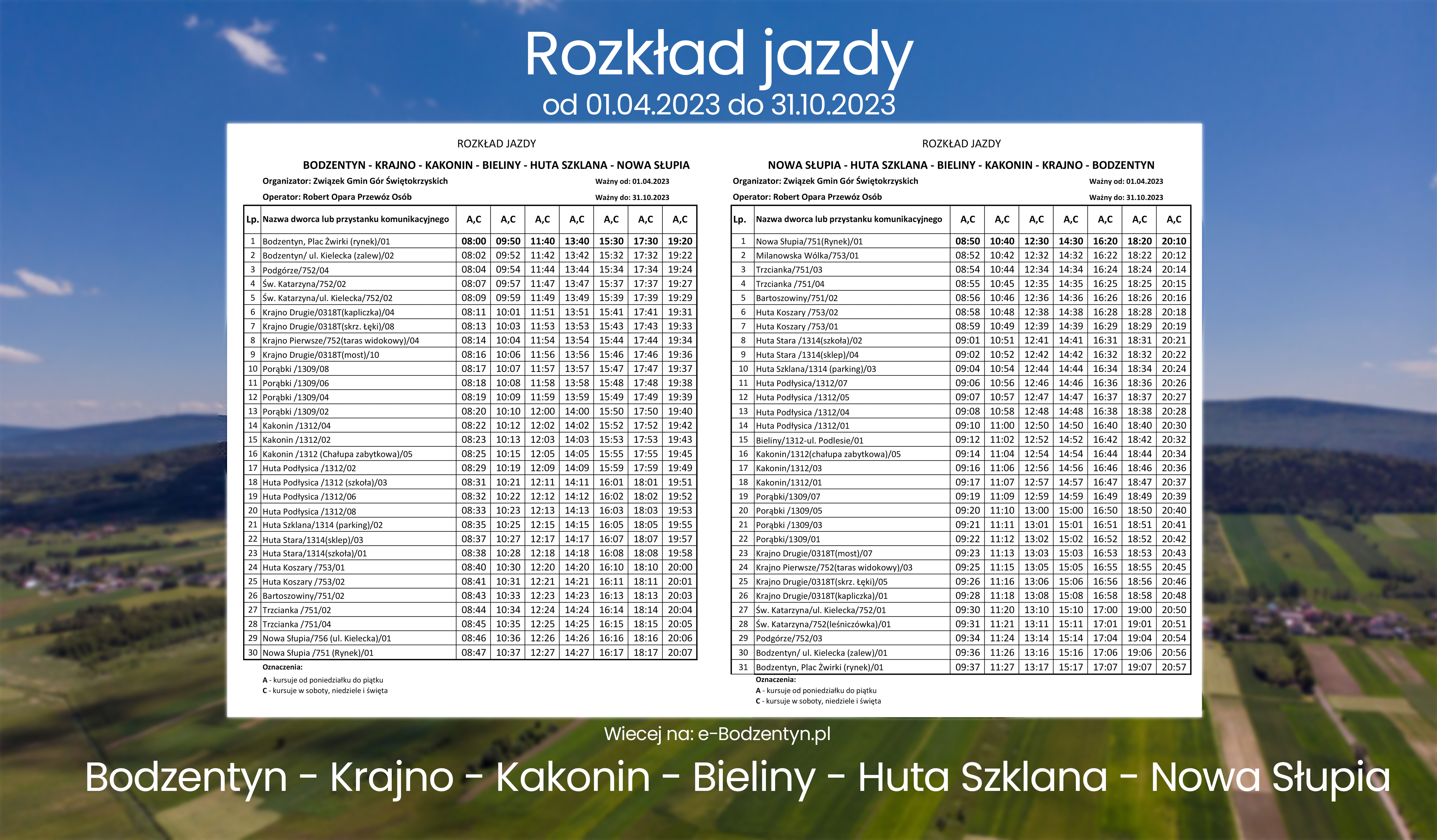 Rozkład jazdy darmowy bus Bodzentyn – Bieliny – Nowa Słupia  2023