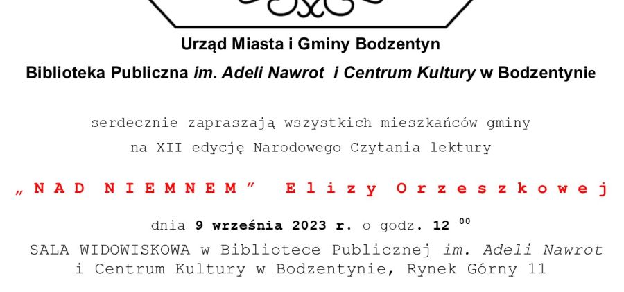 Narodowe Czytanie "Nad Niemnem" w Bodzentynie - zaproszenie