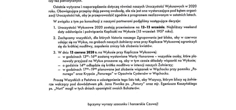 Zmiana terminu Uroczystości Wykusowych 2020