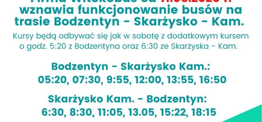 Firma Witkobus wznawia część kursów na trasie Bodzentyn - Skarżysko - Kam.