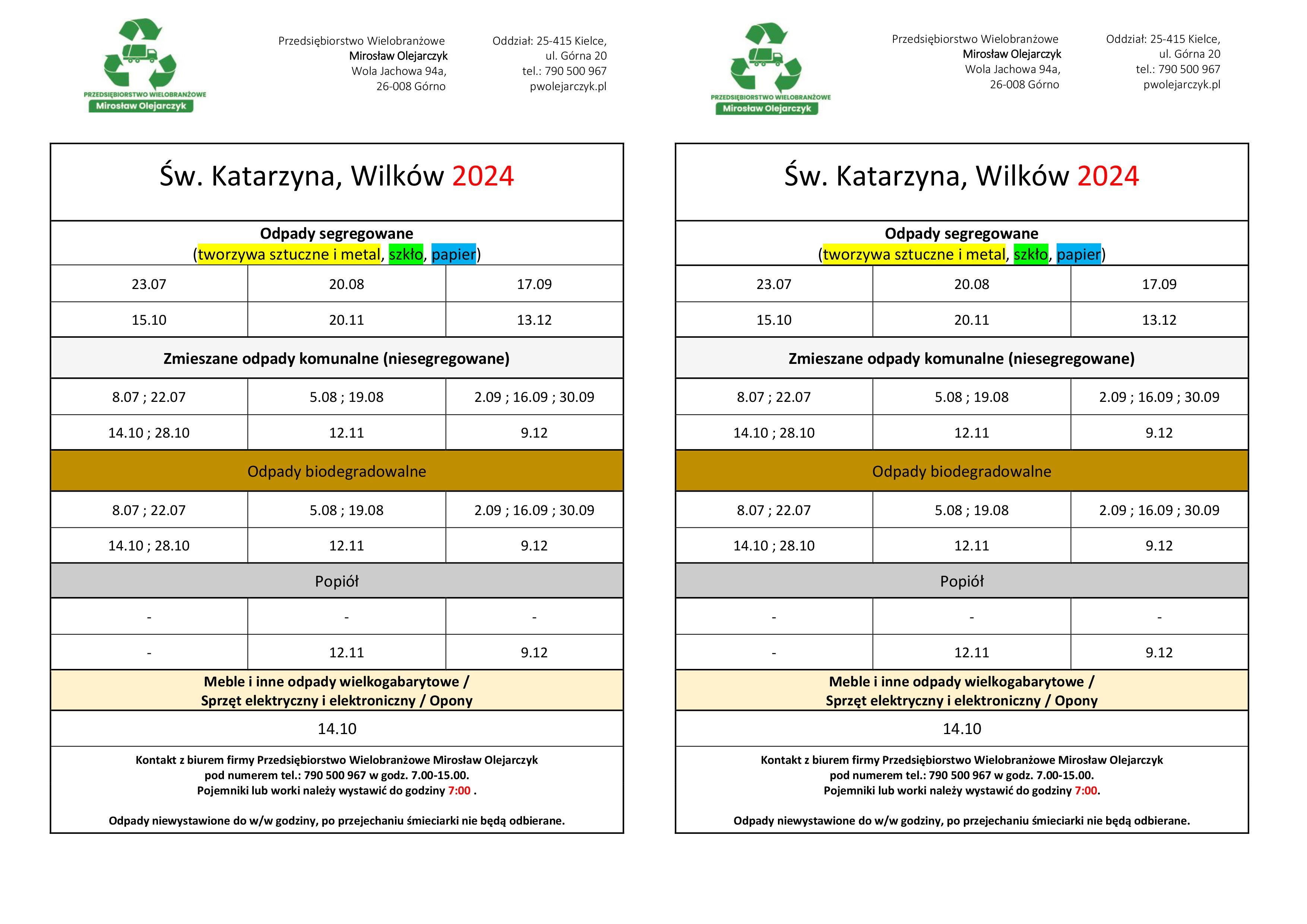 harmonogram wywozu śmieci Św. Katarzyna, Wilków 2024  