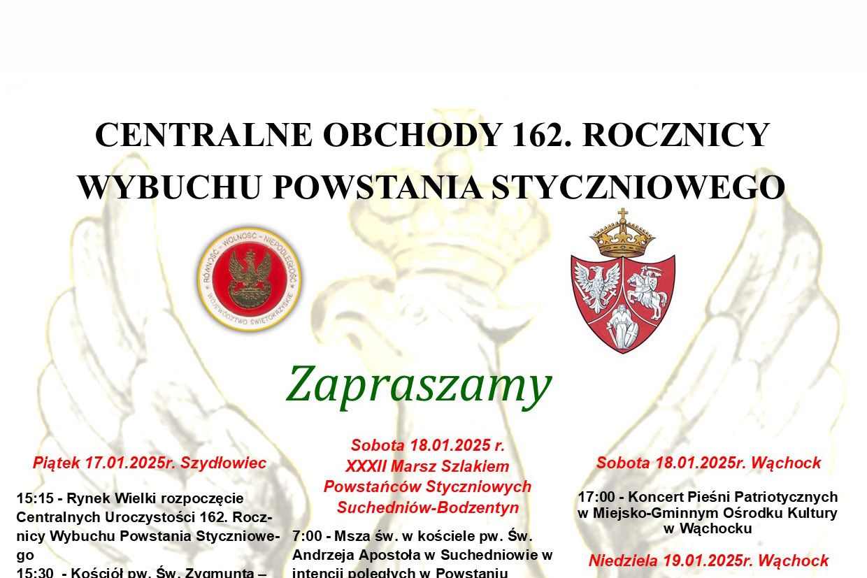 Zapraszamy na Centralne Obchody 162. Rocznicy Wybuchu Powstania Styczniowego w Bodzentynie