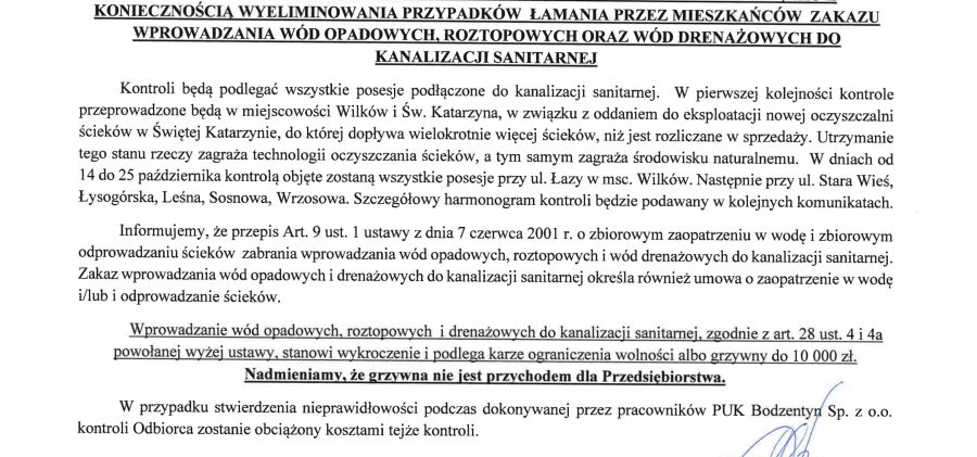 Przedsiębiorstwo Usług Komunalnych w Bodzentynie skontroluje posesje podłączone do kanalizacji