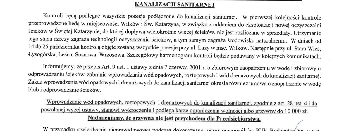 Przedsiębiorstwo Usług Komunalnych w Bodzentynie skontroluje posesje podłączone do kanalizacji