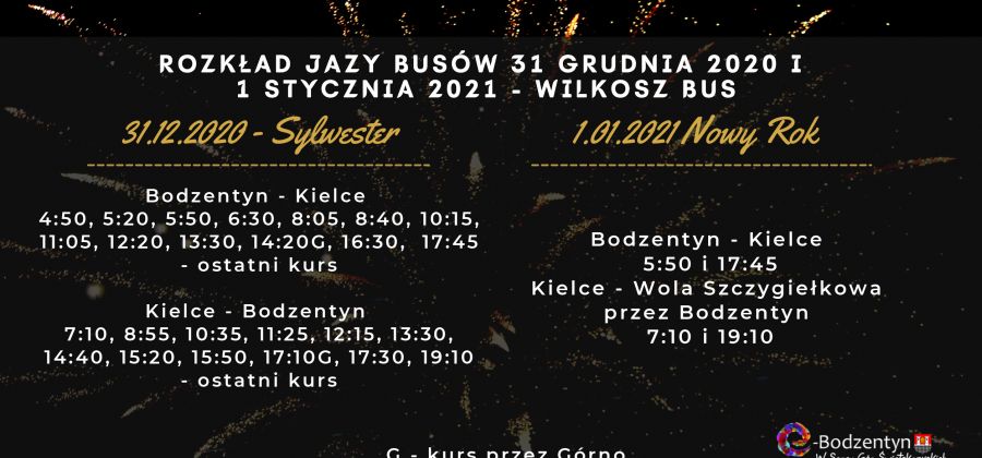 Rozkład jazdy busów na trasie Bodzentyn - Kielce w Sylwestra i Nowy Rok 2021
