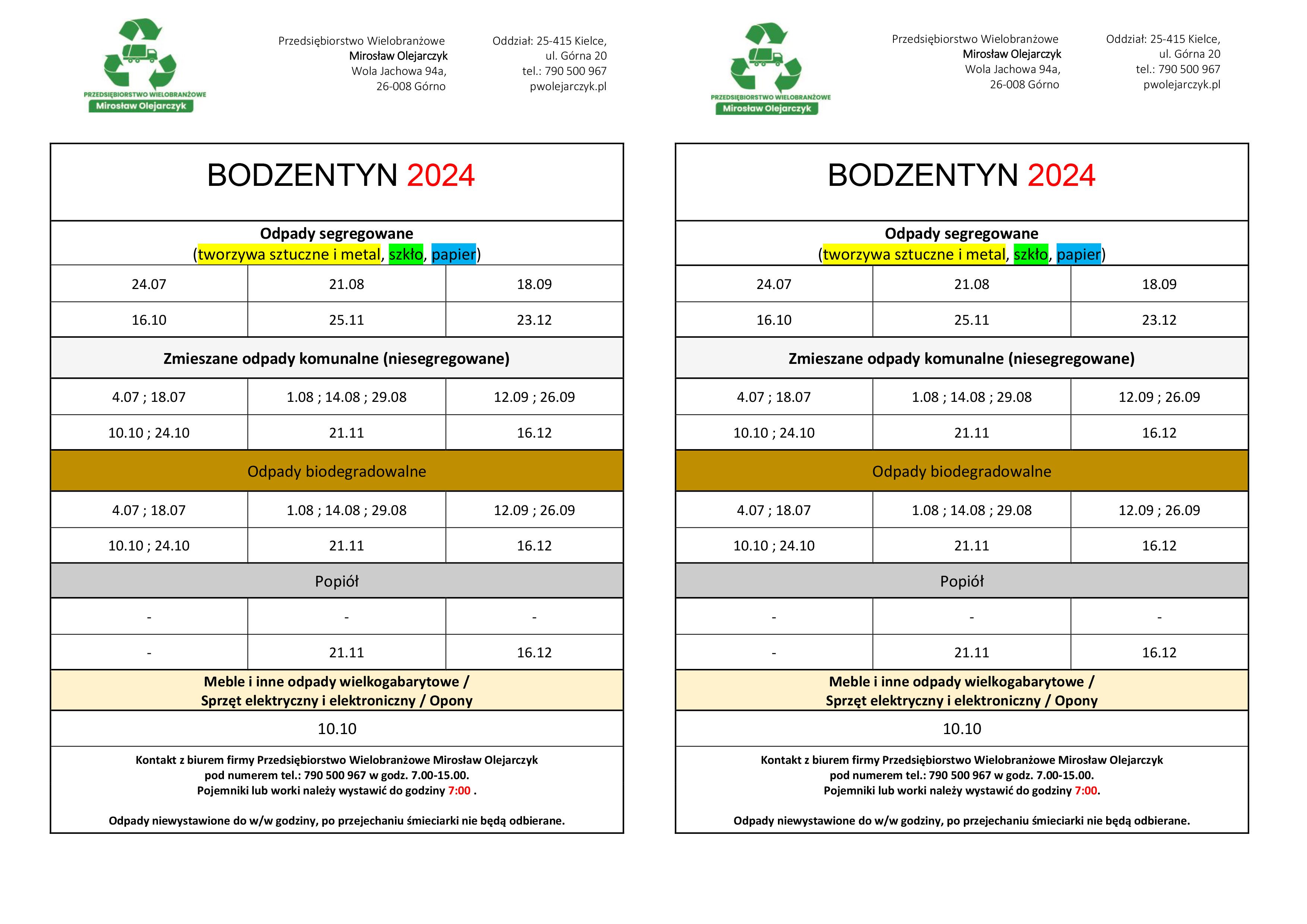  harmonogram wywozu śmieci Bodzentyn Jednorodzinna 2024  