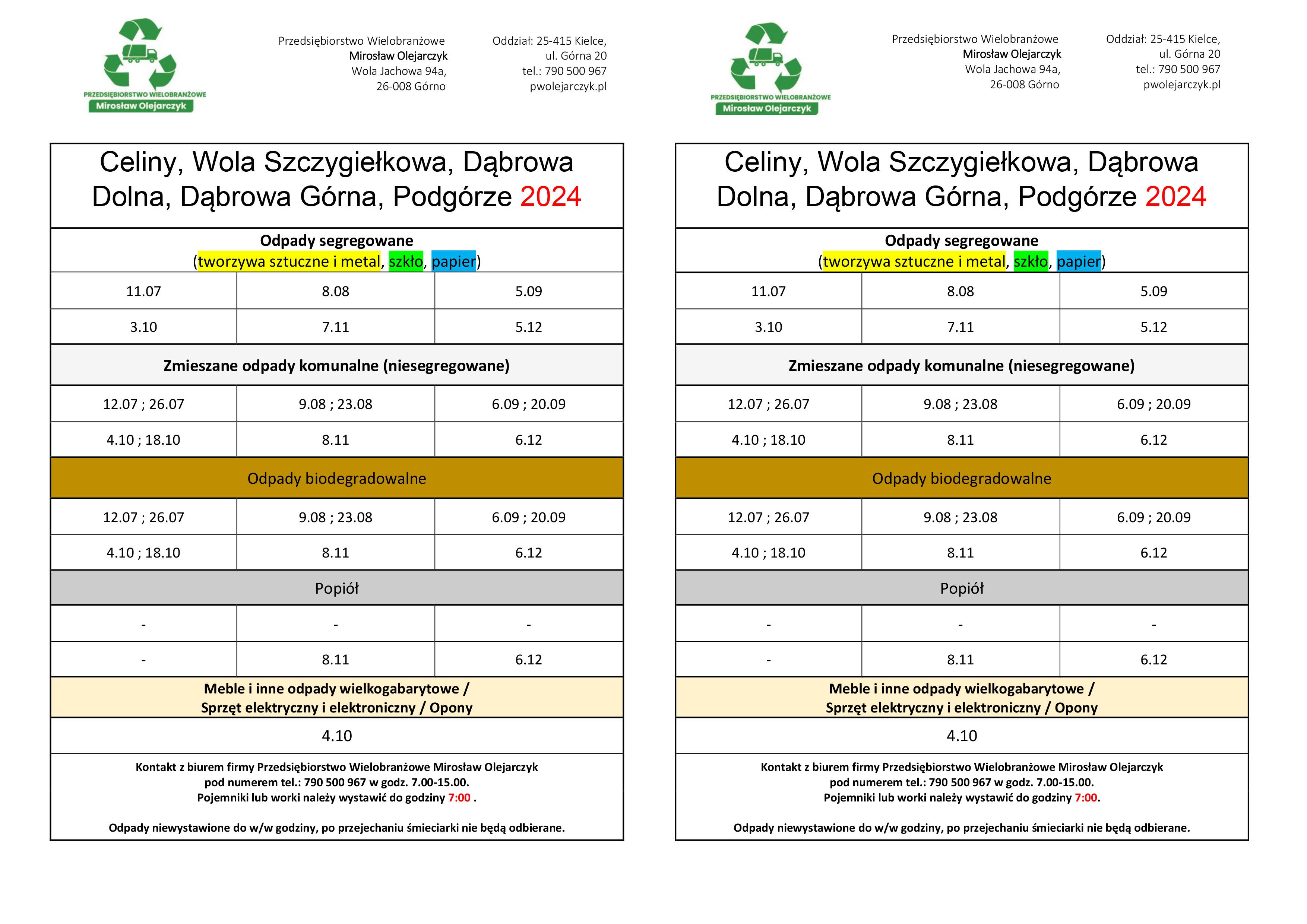   harmonogram wywozu śmieci Celiny, Wola Szczygiełkowa, Dąbrowa Dolna, Dąbrowa Górna, Podgórze 2024 