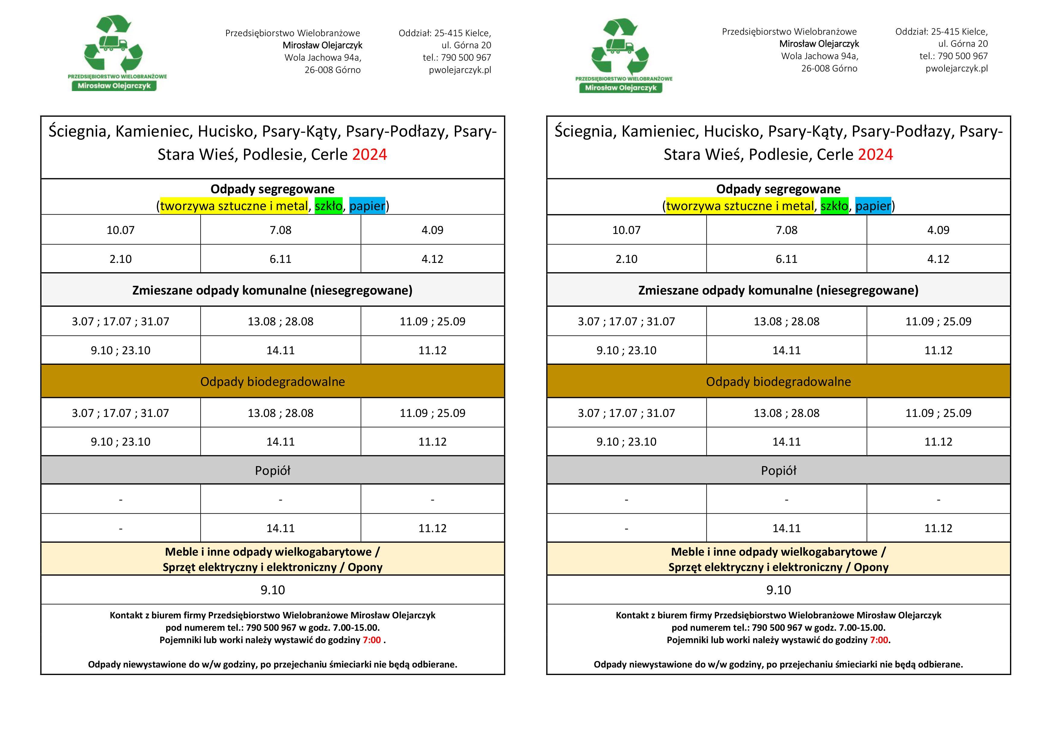 harmonogram wywozu śmieci Ściegnia, Kamieniec, Hucisko, Psary-Kąty, Psary-Podłazy, Psary-Stara Wieś, Podlesie,Cerle 2024  