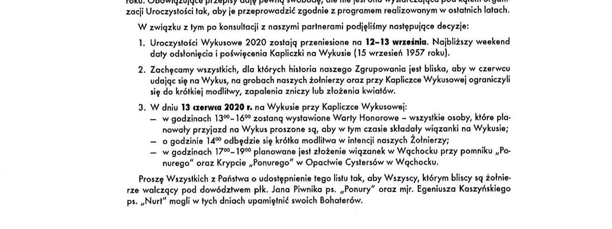 Zmiana terminu Uroczystości Wykusowych 2020