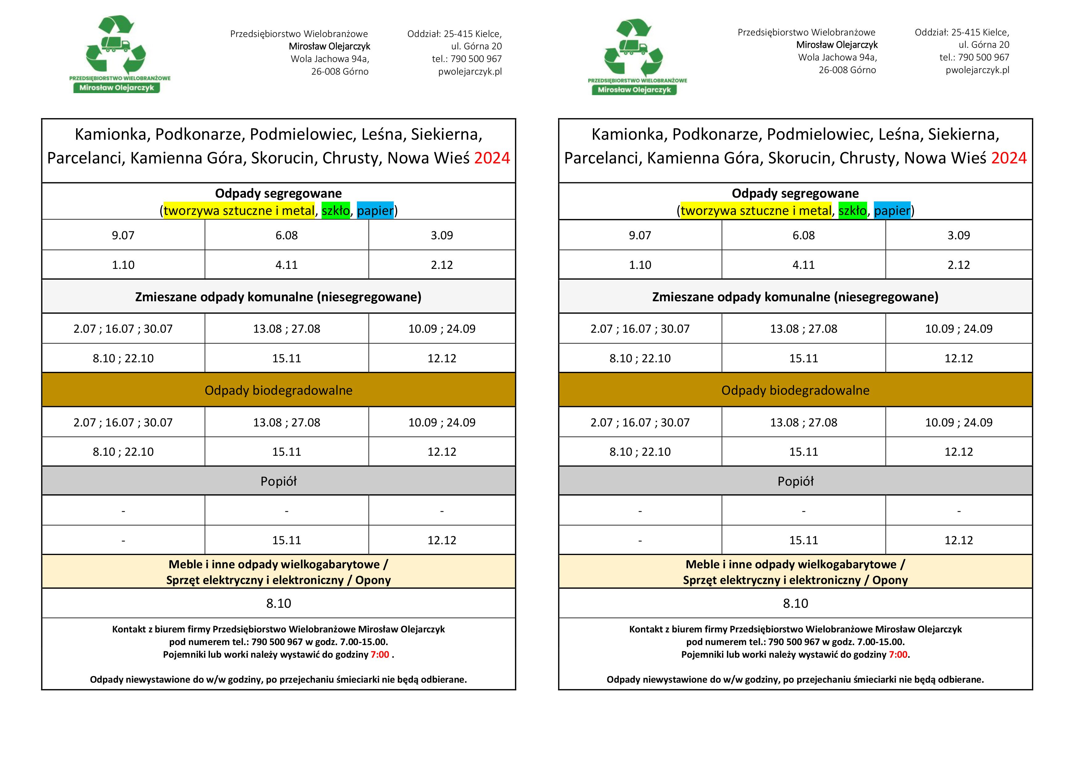 harmonogram wywozu śmieci Kamionka, Podmielowiec, Siekierno-Podmieście, Siekierno-Przedgrab, Siekierno-Smyków, Siekierno-Stara Wieś, Kamienna Góra, Parcelanci, Skorucin, Leśna-St.Wieś, Podkonarze, Chrusty, Nowa Wieś 2024
